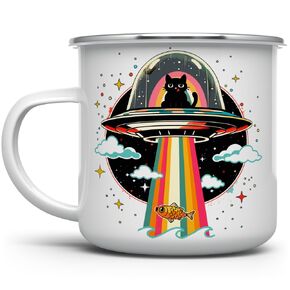 Retro UFO Cat Fish Abduction Extraterrestrial Paranormal Enamel Campfire Mug, Fun Outdoor Camping Coffee Cup (16oz)
