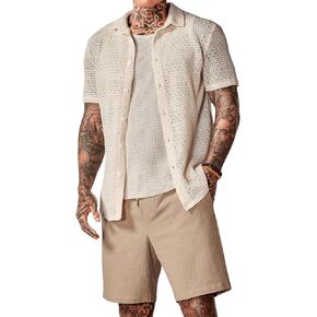 Men's 3 Pieces Outfit Sleeveless Tank Top and Drawstring Waist Shorts Set with Button Down Shirt