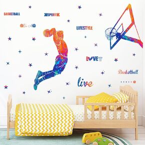 Colorful Basketball Player Dunk Wall Stickers DIY Stars Sports Player Silhouette Wall Decals Peel & Stick Removable Wall Decor Art Murals Kids Room Playroom Baby Nursery Classroom