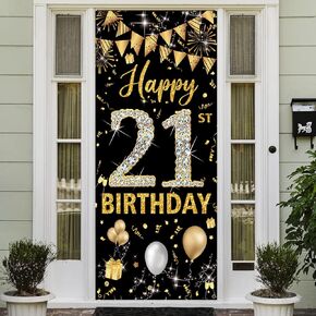 21st Birthday Decorations Door Banner, Black Gold Happy 21st Birthday Decorations for Her Him, Door Cover Sign Poster Decoration, 21 Birthday Party Photo Props Backdrop Women Men, 6.1ft x 3ft PHXEY