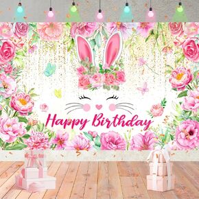 Bunny Birthday Banner Decorations for Girls,Easter Banner Pink Floral Rabbit Spring Background Photo Backdrop Poster Photography for Kid Bunny Easter Happy Birthday Party Supplies Decor Outdoor Indoor