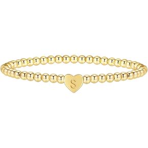 Gold Bracelets for Women, 14K Gold Plated Heart Letter Beaded Bracelets Gold Initial Stretch Bead Bracelet Gold Jewelry Gifts