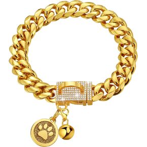 Gold Chain Dog Collar 14mm Cuban Link Dog Collar with Bling CZ Diamonds Buckle 18K Gold Plated Metal Dog Chain Collars for Dogs for Puppy Small Medium Large Dogs Includes Dog tag & Bell.(10")