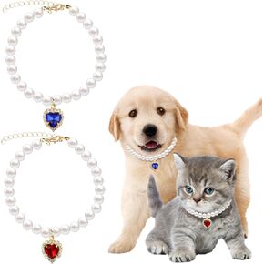 2 Pcs Pearl Cat Necklace Cat Collar with Rhinestone Heart Pet Jewelry Accessories Birthday Wedding Collar for Cats Puppy Dress Accessories (Blue, Red)