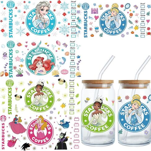 UV DTF Cup Wrap Transfer Stickers for Glass - 5 Sheets Cute Princess Theme Rub on Transfers, Uvdtf Cup Transfer Waterproof Sticker Cup Wraps for 16OZ Libbey Glass Cups Wood DIY Crafts (Color2) in Saudi Arabia