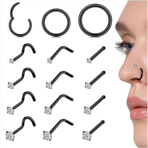 LOYALLOOK 15Pcs 20G 18G Nose Rings Studs 316L Surgical Steel Gold Nose Rings for Women Men Hypoallergenic Hinged Seamless Clicker Segment Nose Rings Hoops 6mm 8mm 10mm Helix Cartilage Tragus Conch Hoop Earrings 1.5mm-3mm Clear CZ in Saudi Arabia