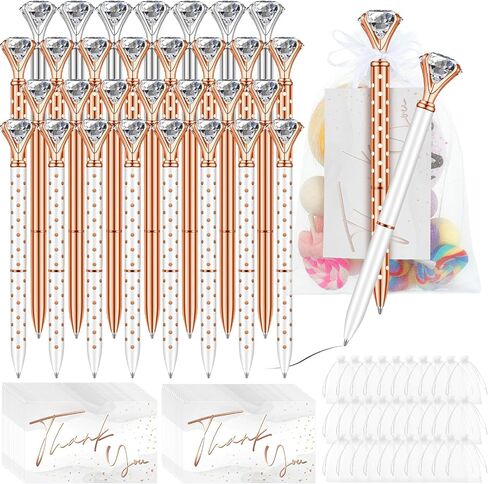 Yeaqee 91 Pcs Bridal Shower Pens Diamond Set 31 Wedding Crystal Pens 30 Organza Bags 30 Cards Bridesmaid Bling Metal Ballpoint Pen for Wedding Bridal Shower(Rose Gold, White,Classic Style) in Saudi Arabia