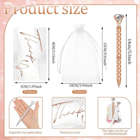 Yeaqee 91 Pcs Bridal Shower Pens Diamond Set 31 Wedding Crystal Pens 30 Organza Bags 30 Cards Bridesmaid Bling Metal Ballpoint Pen for Wedding Bridal Shower(Rose Gold, White,Classic Style) in Saudi Arabia