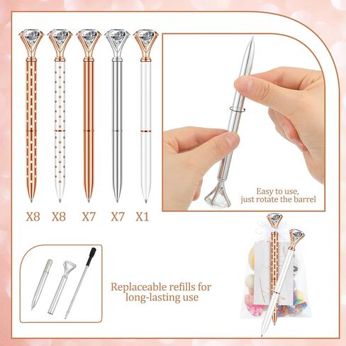 Yeaqee 91 Pcs Bridal Shower Pens Diamond Set 31 Wedding Crystal Pens 30 Organza Bags 30 Cards Bridesmaid Bling Metal Ballpoint Pen for Wedding Bridal Shower(Rose Gold, White,Classic Style) in Saudi Arabia