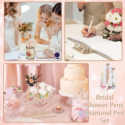 Yeaqee 91 Pcs Bridal Shower Pens Diamond Set 31 Wedding Crystal Pens 30 Organza Bags 30 Cards Bridesmaid Bling Metal Ballpoint Pen for Wedding Bridal Shower(Rose Gold, White,Classic Style) in Saudi Arabia