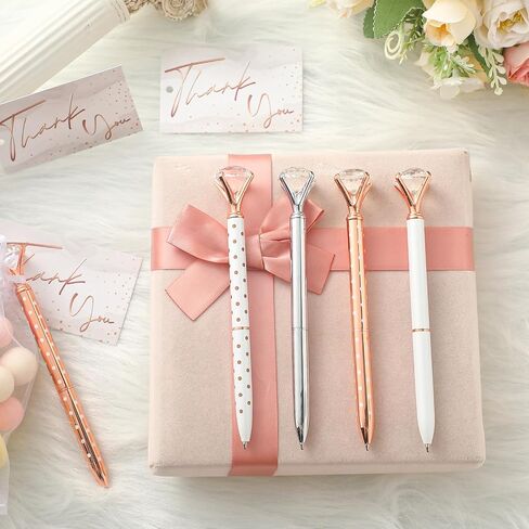 Yeaqee 91 Pcs Bridal Shower Pens Diamond Set 31 Wedding Crystal Pens 30 Organza Bags 30 Cards Bridesmaid Bling Metal Ballpoint Pen for Wedding Bridal Shower(Rose Gold, White,Classic Style) in Saudi Arabia