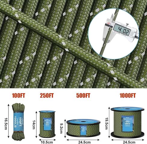 Reflective Paracord Rope 1000Ib - 100ft 250ft 500ft 1000ft 4mm - 12 Strand Parachute Spool Cord, para Cord Lanyard for Camping, Hammock, Hiking DIY Projects in Kuwait