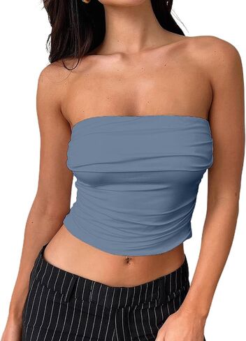 Women's Fold Over Bust Ruched Side Strapless Crop Tube Top Double Layered Seamless Bandeau Top Cute Shirt in Kuwait