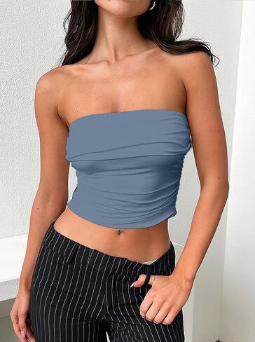 Women's Fold Over Bust Ruched Side Strapless Crop Tube Top Double Layered Seamless Bandeau Top Cute Shirt in Kuwait