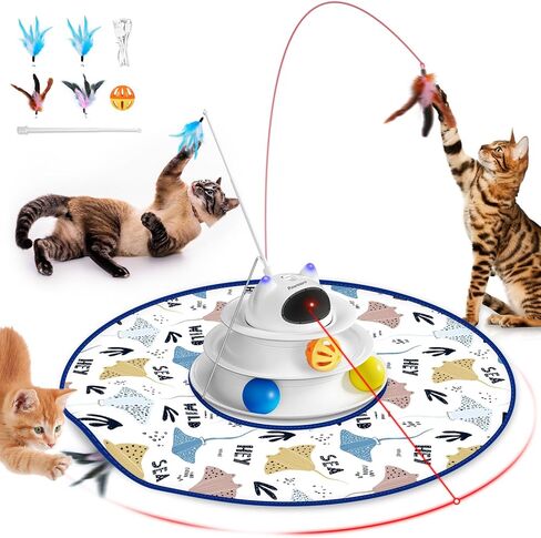 Interactive Cat Toy: 5 in 1 Automatic Cat Toy for Indoor Cats, Rechargeable Hide and Seek Toy with PVC Cover, Battery Operated Kitten Laser Toy, Self Play Fluttering Feather Wand with Track Ball in Saudi Arabia