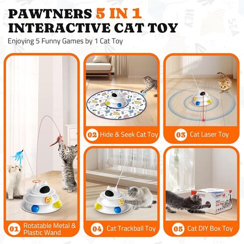 Interactive Cat Toy: 5 in 1 Automatic Cat Toy for Indoor Cats, Rechargeable Hide and Seek Toy with PVC Cover, Battery Operated Kitten Laser Toy, Self Play Fluttering Feather Wand with Track Ball in Saudi Arabia