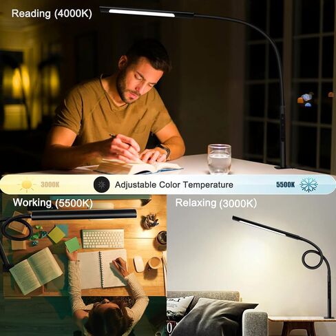 Eye-Caring Desk Lamp, Gooseneck Lamp with Clamp, Swing Arm Desk Light, Adjustable Brightness & Color Temperatures, Memory & Timer Function, Clip on Desk Lamp for Home Office, 12W, White in Saudi Arabia