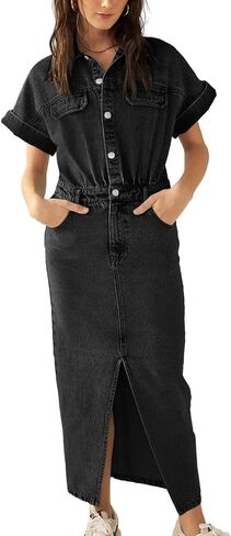 Fisoew Womens Denim Maxi Dress Casual Short Sleeve Collared Split Front Summer Jean Dresses in Saudi Arabia