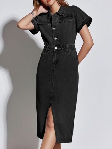 Fisoew Womens Denim Maxi Dress Casual Short Sleeve Collared Split Front Summer Jean Dresses in Saudi Arabia