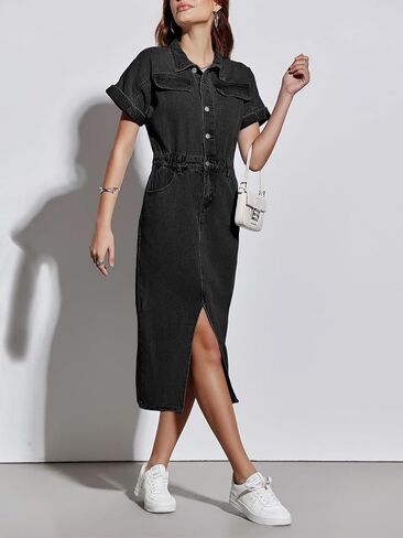 Fisoew Womens Denim Maxi Dress Casual Short Sleeve Collared Split Front Summer Jean Dresses in Saudi Arabia