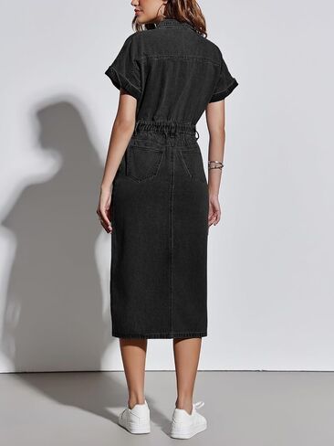 Fisoew Womens Denim Maxi Dress Casual Short Sleeve Collared Split Front Summer Jean Dresses in Saudi Arabia