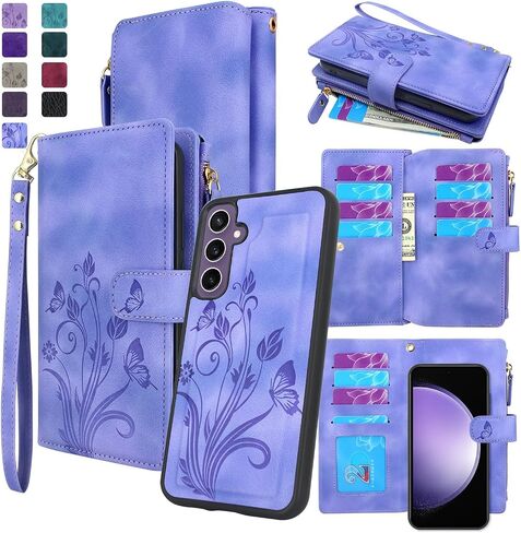 Lacass for Samsung Galaxy Galaxy S23 FE 2023, [12 Card Slots] ID Credit Cash Holder Holder Zipper Pocket Detachable Magnet Leather Wallet Cover with Wrist Strap Lanyard (Black) in Saudi Arabia