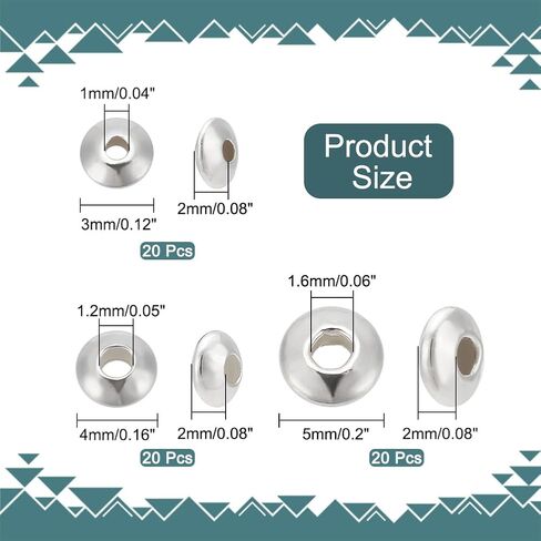 PH PandaHall 60pcs 925 Sterling Silver Spacer Beads, 3 Sizes Flat Round Rondelle Slice Beads 3/4/5x2mm Disc Beads Metal Large Hole Beads for DIY Jewelry Earrings Bracelets Necklace Crafts Making in Saudi Arabia