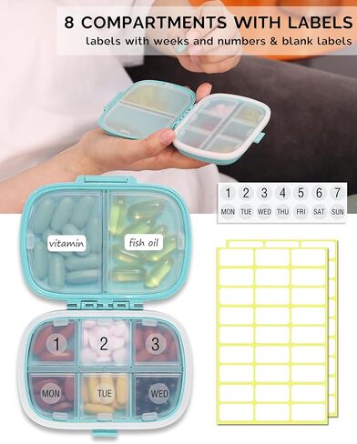 MEACOLIA 3 Pack 8 Compartments Travel Pill Organizer Moisture Proof Small Pill Box for Pocket Purse Daily Pill Case Portable Medicine Vitamin Holder Container (Red, Yellow, Dark Blue) in Kuwait