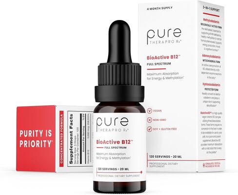 Pure TheraPro BioActive Vegan Methylated Vitamin B12 Sublingual Liquid Methylcobalamin, Hydroxocobalamin & Adenosylcobalamin 1,000 mcg per Drop (5 Drops = 5,000mcg / 4 Month Supply) 20 ml in Kuwait