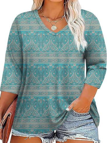 TFSDOD Womens Plus Size Tops V Neck T Shirts 3/4 Sleeve Blouse Summer Casual Tees XL-5X in Kuwait