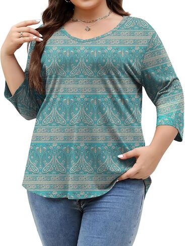 TFSDOD Womens Plus Size Tops V Neck T Shirts 3/4 Sleeve Blouse Summer Casual Tees XL-5X in Kuwait