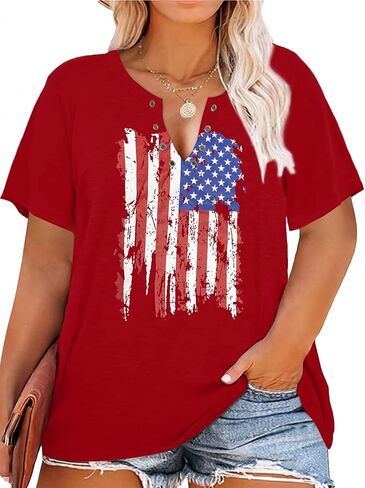 HDLTE المرأة حجم كبير قمم العلم الأمريكي فتحة حلقة الخامس الرقبة بلوزة 4th من يوليو القمصان الوطنية 2X - 5X in Kuwait
