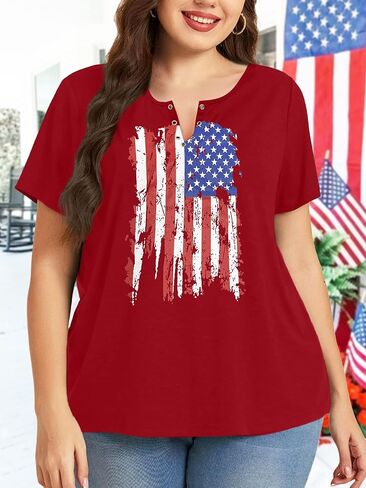 HDLTE المرأة حجم كبير قمم العلم الأمريكي فتحة حلقة الخامس الرقبة بلوزة 4th من يوليو القمصان الوطنية 2X - 5X in Kuwait
