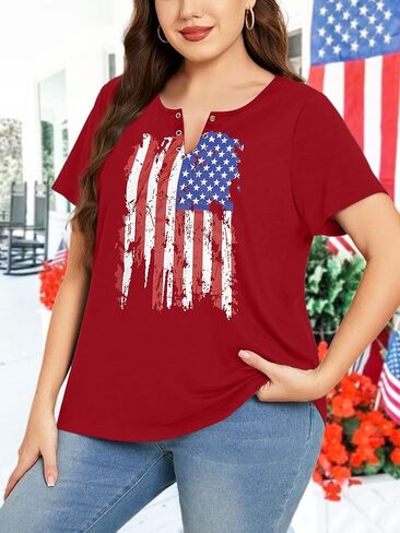 HDLTE المرأة حجم كبير قمم العلم الأمريكي فتحة حلقة الخامس الرقبة بلوزة 4th من يوليو القمصان الوطنية 2X - 5X in Kuwait