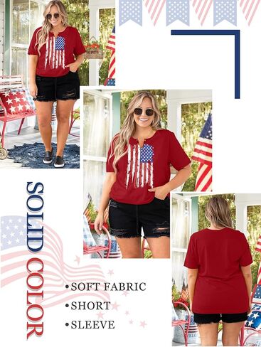 HDLTE المرأة حجم كبير قمم العلم الأمريكي فتحة حلقة الخامس الرقبة بلوزة 4th من يوليو القمصان الوطنية 2X - 5X in Kuwait