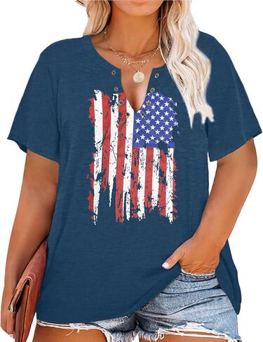 HDLTE Womens Plus Size American Flag Tops Ring Hole V-Neck Blouse 4th of July Patriotic Shirts 2X - 5X in Saudi Arabia