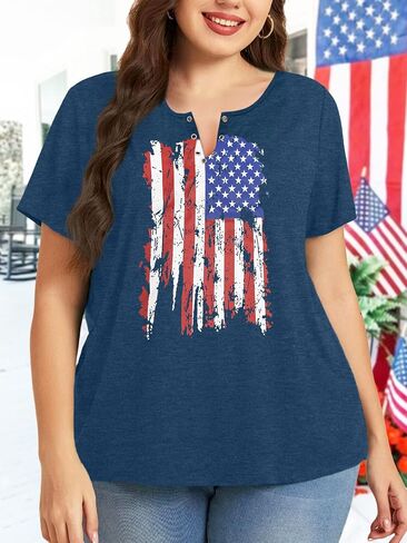 HDLTE Womens Plus Size American Flag Tops Ring Hole V-Neck Blouse 4th of July Patriotic Shirts 2X - 5X in Saudi Arabia