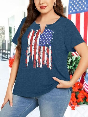 HDLTE Womens Plus Size American Flag Tops Ring Hole V-Neck Blouse 4th of July Patriotic Shirts 2X - 5X in Saudi Arabia