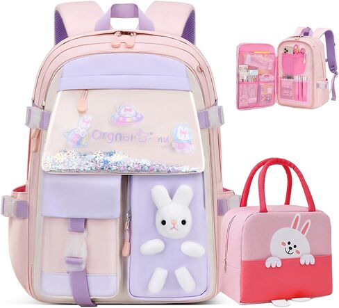 2PCS Kawaii Backpack Set with Lunch Bag,17.7inch Bunny Backpacks for Girls Large Capacity Aesthetic School Bag Cute Bookbags with Beaded Quicksand Pocket & Rabbit Doll,Blue in Saudi Arabia