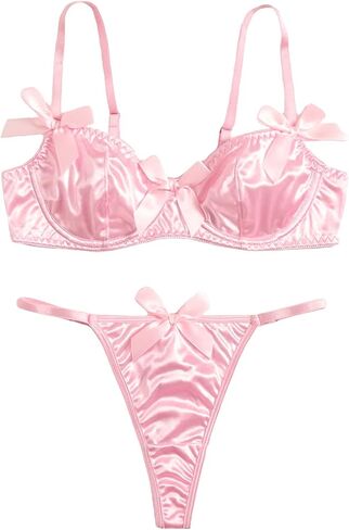 Milumia Women 2 Piece Satin Push Up Lingerie Set Bow Decor Matching Bra and Panty Sets in Saudi Arabia
