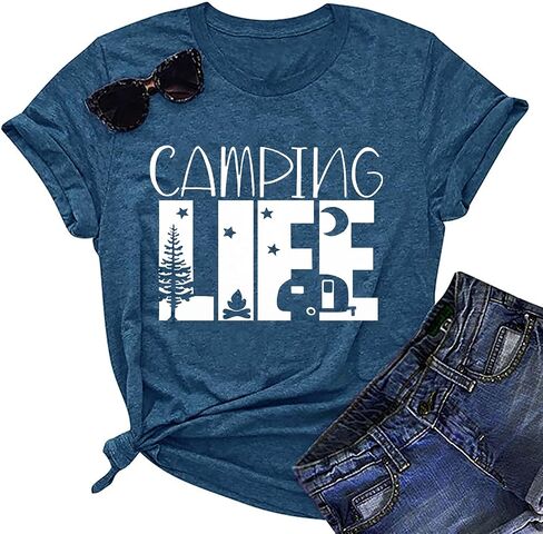 قمصان المشي لمسافات طويلة والتخييم للنساء تي شيرتات برسومات مضحكة قمصان Happy Camper مطبوعة عليها حروف غير رسمية in Saudi Arabia