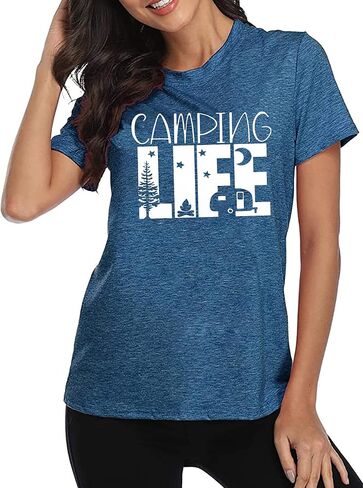 قمصان المشي لمسافات طويلة والتخييم للنساء تي شيرتات برسومات مضحكة قمصان Happy Camper مطبوعة عليها حروف غير رسمية in Saudi Arabia