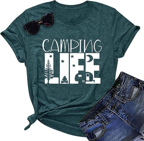 قمصان المشي لمسافات طويلة والتخييم للنساء تي شيرتات برسومات مضحكة قمصان Happy Camper مطبوعة عليها حروف غير رسمية in Saudi Arabia