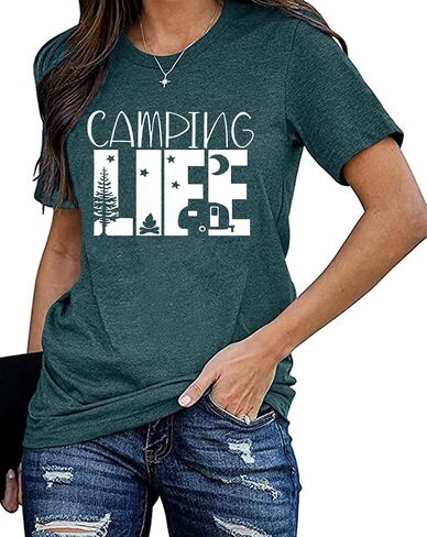 قمصان المشي لمسافات طويلة والتخييم للنساء تي شيرتات برسومات مضحكة قمصان Happy Camper مطبوعة عليها حروف غير رسمية in Saudi Arabia
