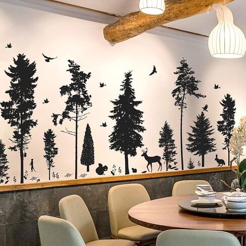Pine Tree Wall Sticker 9 Trees Wall Decals Deer Bird Bunny Forest and Nature DIY Removable Premium Black Vinyl Sticker for Kids Girl Boy Bedroom Living Room Nursery Rooms Home Offices Walls Decoration in Saudi Arabia