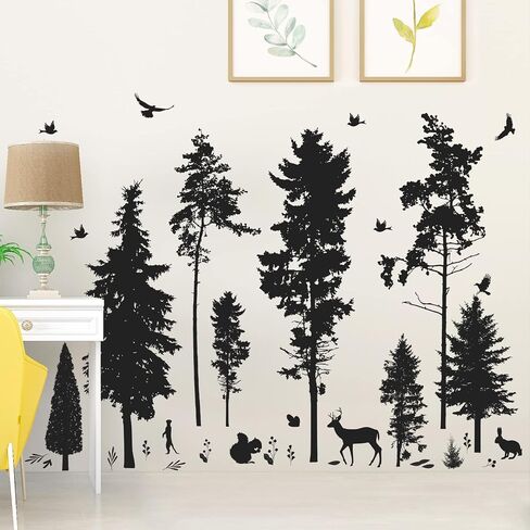 Pine Tree Wall Sticker 9 Trees Wall Decals Deer Bird Bunny Forest and Nature DIY Removable Premium Black Vinyl Sticker for Kids Girl Boy Bedroom Living Room Nursery Rooms Home Offices Walls Decoration in Saudi Arabia