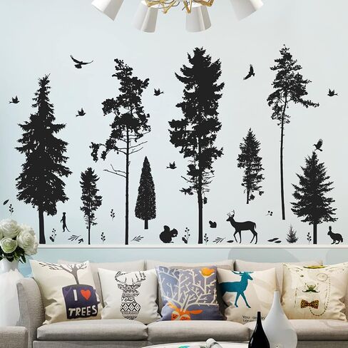 Pine Tree Wall Sticker 9 Trees Wall Decals Deer Bird Bunny Forest and Nature DIY Removable Premium Black Vinyl Sticker for Kids Girl Boy Bedroom Living Room Nursery Rooms Home Offices Walls Decoration in Saudi Arabia