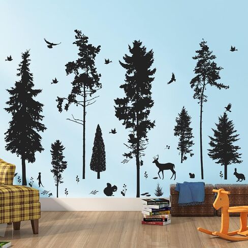 Pine Tree Wall Sticker 9 Trees Wall Decals Deer Bird Bunny Forest and Nature DIY Removable Premium Black Vinyl Sticker for Kids Girl Boy Bedroom Living Room Nursery Rooms Home Offices Walls Decoration in Saudi Arabia