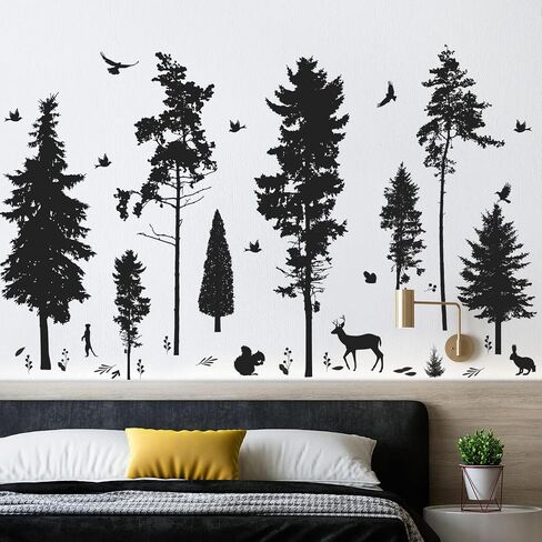 Pine Tree Wall Sticker 9 Trees Wall Decals Deer Bird Bunny Forest and Nature DIY Removable Premium Black Vinyl Sticker for Kids Girl Boy Bedroom Living Room Nursery Rooms Home Offices Walls Decoration in Saudi Arabia