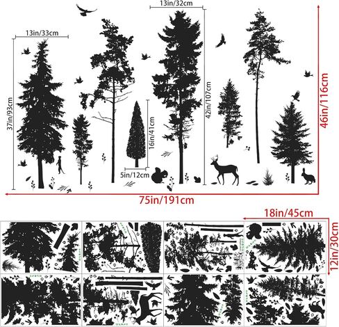 Pine Tree Wall Sticker 9 Trees Wall Decals Deer Bird Bunny Forest and Nature DIY Removable Premium Black Vinyl Sticker for Kids Girl Boy Bedroom Living Room Nursery Rooms Home Offices Walls Decoration in Saudi Arabia